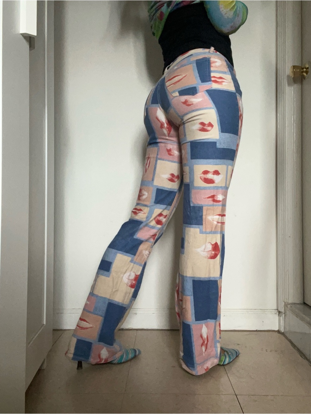 Unique vintage lips and denim pattern flared pants